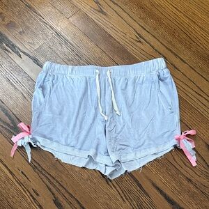 B26 POL Women Small/Medium Light Blue Pajama Shorts with Pink Bow Accents
